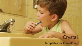  Presentation with toothpaste little kid boy brushing - PPT layouts having kid brushing teeth background and a gold colored foreground