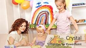  Presentation with starting school - Cool new PPT layouts with kid club - child with teacher painting backdrop and a coral colored foreground