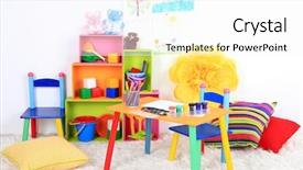  Presentation with classroom - Slide set with kid club - interior of classroom at school background and a  colored foreground