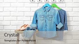  Presentation with clothes - Cool new slide set with kid fashion - clothes for children on hangers backdrop and a light gray colored foreground