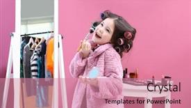  Presentation with hipster girl playing tetris game - PPT layouts featuring kid fashion - cute little girl playing background and a coral colored foreground