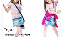  Presentation with two cute sisters playing - Cool new PPT layouts with kid fashion - two beautiful twin sisters behind backdrop and a  colored foreground
