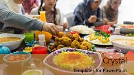  Presentation with friends - Slide set consisting of kid friendly menu - family and friends gathering together background and a gold colored foreground