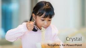  Presentation with instant noodles - Amazing PPT theme having kid-girl-eat-instant-noodles backdrop and a soft green colored foreground