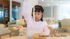  Presentation with instant noodles - Presentation theme having kid-girl-eat-instant-noodles background and a coral colored foreground