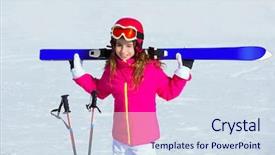  Presentation with ski - Cool new slide set with kid girl winter snow holding ski equipment helmet goggles poles backdrop and a sky blue colored foreground
