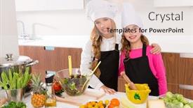  Presentation with kid chef - PPT theme featuring kid girls junior chef friends hug together in countertop with food at cooking school background and a lemonade colored foreground