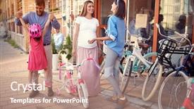  Presentation with family shopping - Colorful slide set enhanced with kid having fun outdoor shopping backdrop and a coral colored foreground