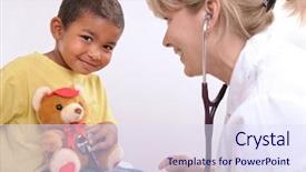  Presentation with child boy hold basket - Cool new presentation theme with hospital kids - female doctor examining little child backdrop and a sky blue colored foreground
