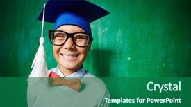  Presentation with graduation black graduate hat - Slide deck featuring kid in eyeglasses and graduation background and a ocean colored foreground