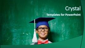  Presentation with graduation black graduate hat - Slide set featuring kid in eyeglasses and graduation background and a ocean colored foreground