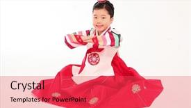  Presentation with hanbok the traditional korean dress - PPT theme having kid in traditional korean dress background and a red colored foreground