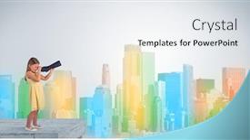  Presentation with building - Beautiful presentation theme featuring kid looking through spyglass from the top of a building to a big colorful city backdrop and a sky blue colored foreground
