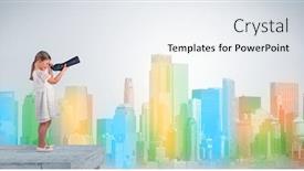  Presentation with building - PPT theme having kid looking through spyglass from the top of a building to a big colorful city background and a sky blue colored foreground