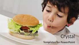  Presentation with hamburger - Audience pleasing presentation theme consisting of kid on temptation with delicious hamburger backdrop and a coral colored foreground