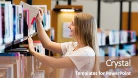  Presentation with girl teens - PPT theme featuring kid picking book - teenage girl in library background and a  colored foreground