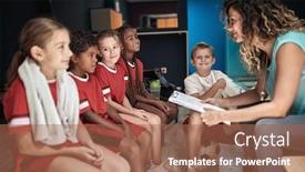  Presentation with female soccer - Slide deck featuring kid-s-soccer-team background and a coral colored foreground