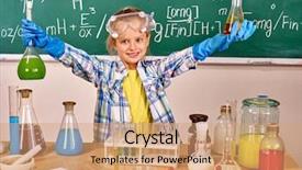  Presentation with chemistry - Beautiful slide set featuring kid science experiment - child in glove holding flask backdrop and a  colored foreground