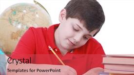  Presentation with homework - Presentation featuring kid sitting stack books - boy doing his homework background and a red colored foreground