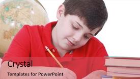  Presentation with homework - Colorful presentation theme enhanced with kid sitting stack books - boy doing his homework backdrop and a red colored foreground