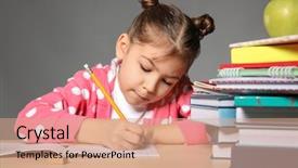  Presentation with homework - PPT layouts featuring kid sitting stack books - cute little girl doing homework background and a coral colored foreground