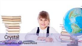  Presentation with homework - Theme enhanced with kid sitting stack books - girl is doing homework isolated background and a  colored foreground