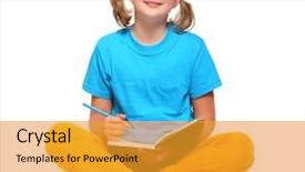  Presentation with child girl reading a book - Amazing PPT layouts having kid sitting stack books - portrait of a pretty girl backdrop and a gold colored foreground