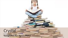  Presentation with open book - PPT theme with kid sitting stack books - portrait of cute girl background and a coral colored foreground