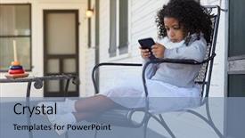 Presentation with ethnicity - Audience pleasing presentation theme consisting of kid toddler girl sitting in the park house porch playing with smartphone latin ethnicity backdrop and a seafoam green colored foreground