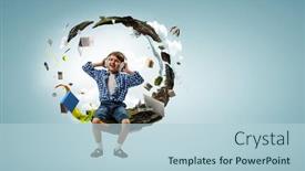  Presentation with headphones - PPT theme having kid-wearing-headphones-mixed-media background and a light blue colored foreground