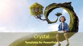  Presentation with headphones - PPT theme with kid-wearing-headphones-mixed-media background and a tawny brown colored foreground