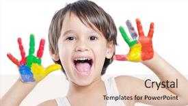  Presentation with pair of hands - Cool new presentation theme with kid with paints on hand backdrop and a lemonade colored foreground