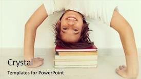  Presentation with books - Colorful slide set enhanced with kid with school books upside backdrop and a soft green colored foreground