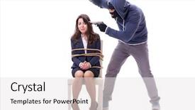  Presentation with blue and white tie dye swirl - Slide deck featuring kidnapper with tied woman isolated background and a white colored foreground