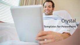  Presentation with renal dialysis - Slide set with kidney disease - happy patient using digital tablet background and a light gray colored foreground