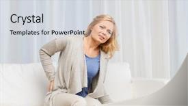  Presentation with backache - Colorful presentation theme enhanced with kidney disease - unhappy woman suffering from backache backdrop and a sky blue colored foreground