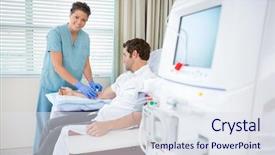  Presentation with dialysis - Slide set enhanced with kidney medical - female nurse hooking male patient background and a sky blue colored foreground