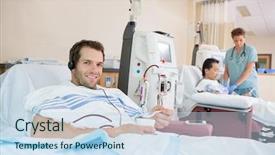  Presentation with medical renal - Slide set consisting of kidney medical - portrait of young male dialysis background and a sky blue colored foreground