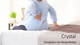  Presentation with backache - Slide set with kidney medical - senior woman suffering from backache background and a light gray colored foreground