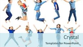 Presentation with cute - Colorful PPT theme enhanced with kids - cute jumping children on white backdrop and a sky blue colored foreground