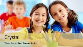  Presentation with workplace - Slide deck with kids - portrait of two diligent girls background and a yellow colored foreground