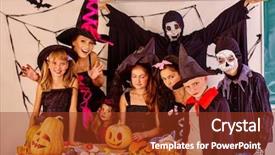 Presentation with costume - Cool new PPT layouts with halloween party with group children backdrop and a red colored foreground
