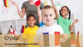  Presentation with preschool - Slides featuring kids and teacher with flag background and a yellow colored foreground