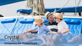  Presentation with luxury yacht - PPT theme enhanced with kids and their pet dog background and a light blue colored foreground