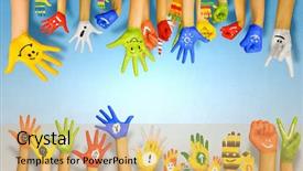  Presentation with colorful hands - Presentation design with kids art - image of human hands background and a yellow colored foreground