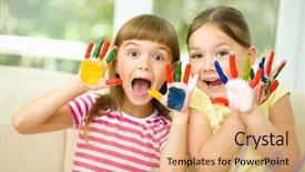  Presentation with painting - PPT theme with kids art - little girls are painting background and a coral colored foreground