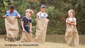  Presentation with reading for kids - Amazing slide set having kids at a sack race backdrop and a coral colored foreground