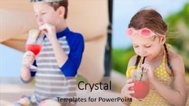  Presentation with juices - PPT theme featuring kids at luxury resort relaxing at beach cabana and drinking tropical juices background and a coral colored foreground