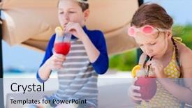  Presentation with juices - Audience pleasing PPT theme consisting of kids at luxury resort relaxing at beach cabana and drinking tropical juices backdrop and a light blue colored foreground