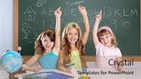  Presentation with school kids - Slide deck with kids at school classroom raising background and a coral colored foreground